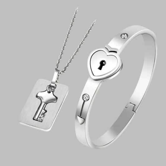 Heart Lock Bangle and Key Pendant Necklace Set